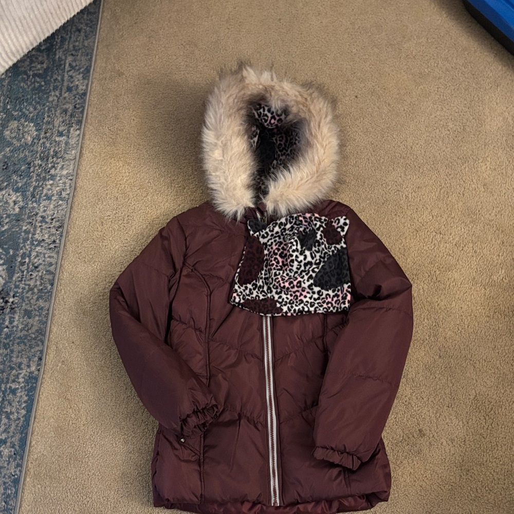Macy's Maroon Puffer Jacket with Faux Fur Hood